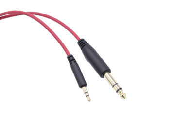 Headphone jack with red wire on transparent background