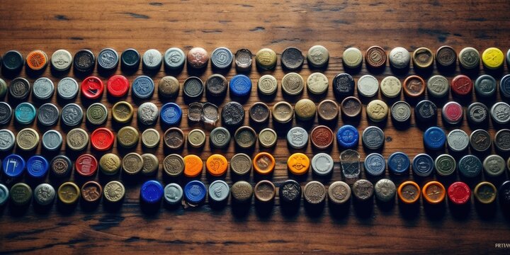 Collection of Bottle Caps on Rustic Table -ai generated