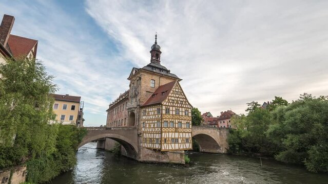 Bamberg Germany time lapse 4K, city skyline timelapse at Altes Rathaus Old Town Hall and Linker Regnitzarm River