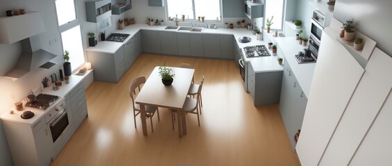 View From Above of a granny flat with white walls in Back lighting using Cartoon drawing style. Generative AI