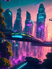 Obraz premium Futuristic cityscape at sunset, Generative AI Illustration.
