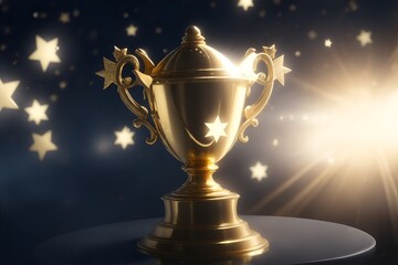 Fototapeta na wymiar Winner Gold trophy with stars flying. Generative AI