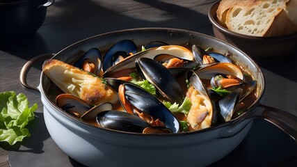 Top view of a casserole of traditional French mussels. Generative AI