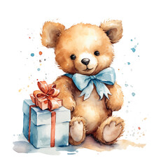  teddy presenting a gift smiling happy in watercolor design isolated against transparent