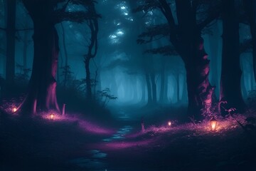Fototapeta na wymiar Gloomy fantasy forest scene at night with glowing light. Generative AI