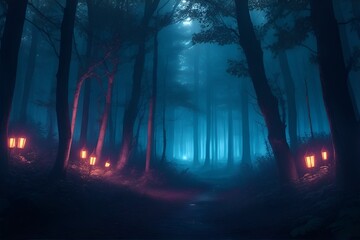 Fototapeta na wymiar Gloomy fantasy forest scene at night with glowing light. Generative AI