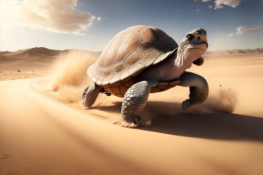 Fast turtle running at full speed in the desert. Generative AI