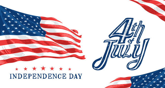 Simple 4th Of July US Independence Day Celebration Banner With Hand Drawn Typography and USA Flag