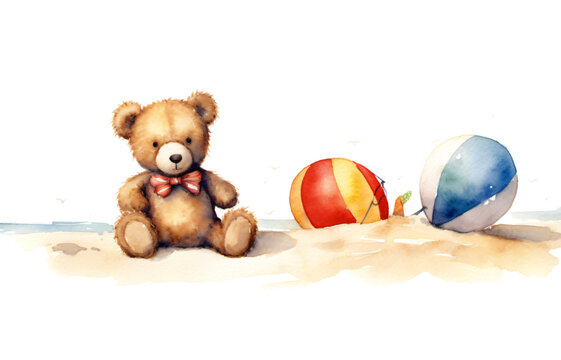  cute teddy bear relaxing at the beach with a beach ball  in watercolor design isolated on transparent background