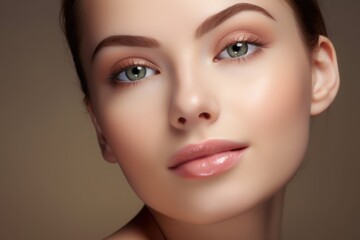 Fototapeta premium Face of a young well-groomed girl in close-up. Beauty or health concept. Generated by AI.