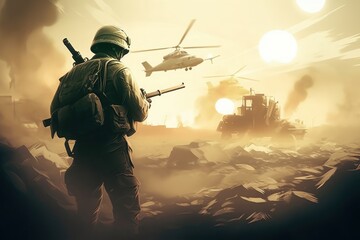Concept art illustration of army soldier on war, Generative AI
