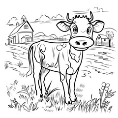 Cow farm coloring page. Calf linear illustration for coloring.