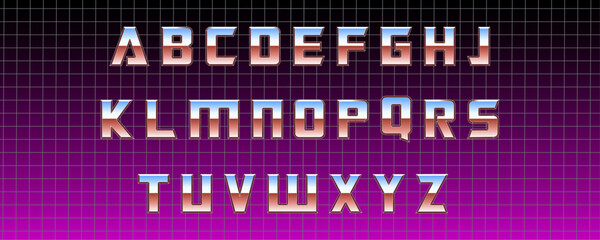 Retro alphabet on grid background. Metallic letters in 80's and 90's style for print and web projects. Graphic elements in retro aesthetic for posters, flyers and banners. Vintage letters collection. - obrazy, fototapety, plakaty