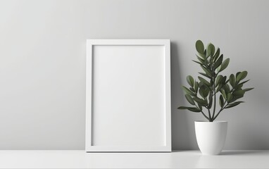 Empty photo frame and plant in a pot, frame mock-up 