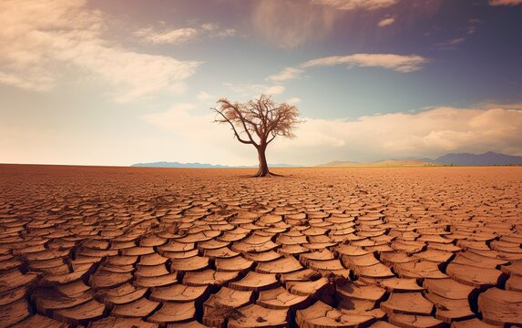 Desert and climate change with drought and barren tree created with Generative AI technology © Aysel