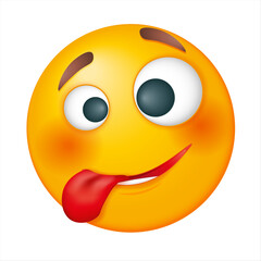 Silly vector emoji on white background. Vector smiling emoji. Teasing yellow face. Sticking out tongue. Cute emoticon.