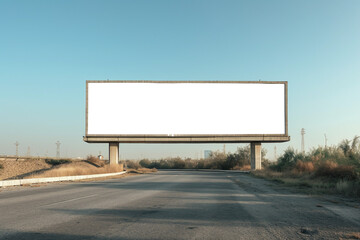Transparent, empty,  blank billboard mockup in the middle of highway road and the road goes under the billboard for outdoor advertisement and promotion for commercial marketing. Generative AI