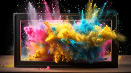 Product display frame with colorful powder paint explosion. Generative ai