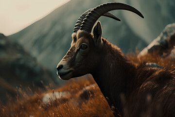 Photo close up goat with large horns ibex standing in mountains - obrazy, fototapety, plakaty