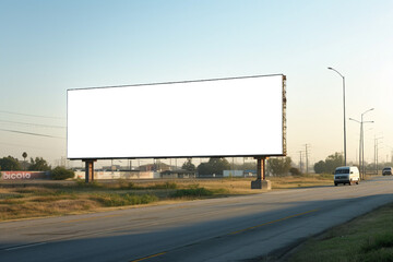 Transparent, empty,  blank billboard mockup near a highway road for outdoor advertisement and promotion for commercial marketing. Generative AI
