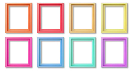 Shaded empty blank photo frames with shadow. Pastel colour. Many assorted different colours isolated on transparent background cutout. PNG file. 3D rendering