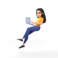 Cartoon funny cute girl in a yellow T-shirt and jeans with laptop floating in the air in relaxation mode on a white background. Woman in minimalist style. People characters illustration. 3D rendering