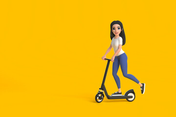 Cartoon funny cute girl in a white T-shirt and jeans rides electric scooter on a yellow background. Woman in minimalist style. People characters illustration. 3D rendering illustration © Andrii