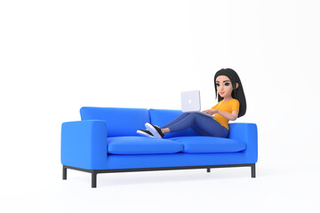 Fototapeta na wymiar Cartoon girl in a yellow t-shirt and jeans is resting or working on a blue sofa with laptop in her hands on a white background. Woman in minimalist style. People characters illustration. 3d rendering