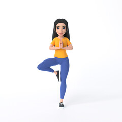Cartoon funny cute yoga girl in a yellow T-shirt and jeans in tree position on a white background. Woman in minimalist style. Character doing yoga. 3D rendering illustration