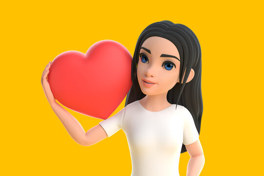 Cartoon funny cute girl in a white T-shirt and jeans holding red heart shape with her hand on a yellow background. Woman in minimalist style. People characters illustration. 3D rendering illustration