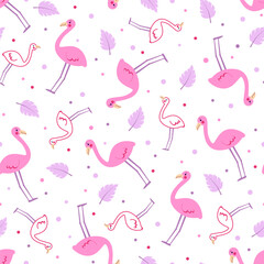 Cute summer pattern with funny cartoon flamingos on a white background. Seamless vector print with exotic tropical birds and leaves for girly textiles, wallpapers, packaging design