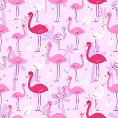 Cute summer pattern with funny cartoon flamingos on a pink background. Seamless vector print with tropical birds, palms and leaves for baby girly textiles, wallpapers, packaging design