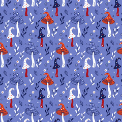 Obraz premium Cute autumn vector pattern with amanita mushrooms, leaves and blueberries. Cheerful seamless background drawn in doodle style - fly agarics, fungus, fairy forest on blue background