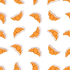 Seamless pattern with tasty fresh crunchy croissants in simple sketch style. Background for design menu cafe, bistro, restaurant, label and packaging. Vector repeat food background