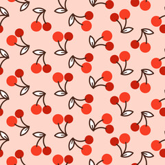 Summer seamless pattern with cherry berries on pink background. Cute vector print drawn in doodle style for kitchen textile, girly clothing, packaging design