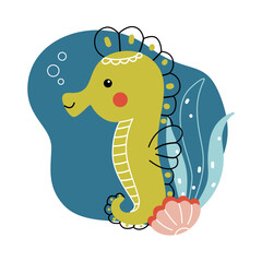 Obraz premium Cute baby seahorse. Funny vector underwater illustration with wild exotic animal swimming on blue background drawn in cartoon style for kids textile, cards, stickers