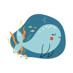 Foto auf Alu-Dibond Cute baby blue whale. Funny vector underwater illustration with swimming sea animal drawn in cartoon style for printing on kids textile, cards, stickers © Plameniya