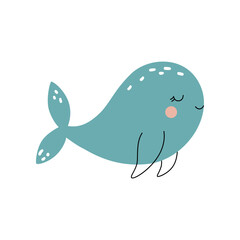 Cute blue whale. Cartoon vector illustration drawn in doodle style and isolated on white background. Swimming sea animal