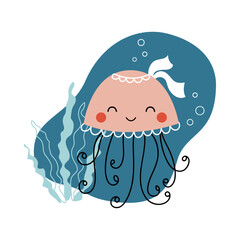 Cute baby jellyfish. Funny vector underwater illustration with wild exotic animal pink medusa drawn in cartoon style for printing on kids textile, cards, stickers