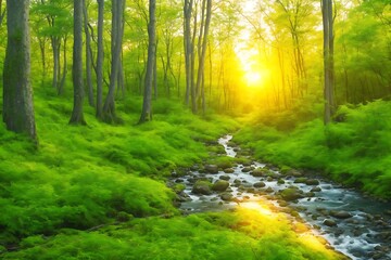 Green forest in sunlight with forest streams and sea illustration..