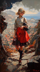 Fototapeta premium a beautiful attractive woman posing in the alps in an oil painting artwork, ai generated image