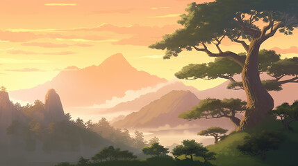 a lovely peaceful place on earth with a view of the mountains and a big tree, anime landscape, ai generated image