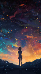 Fototapeta premium a wonderful lightning night with stars and a lonely woman, vertical artwork, ai generated image
