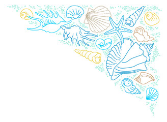 Fototapeta na wymiar Corner illustration, pattern of line art tropical sea elements, seashells, starfish. Doodles of marine life. Sea decoration for scrapbook, card, design. Ocean, sea creatures. Maritime illustration