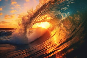 Sunset on the beach with ocean wave Generative AI