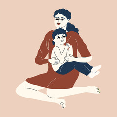 A little boy sits on his mother's legs. Mother's love. Vector illustration