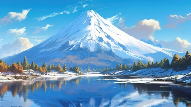 a giant big mountain full of snow in front a big lake in winter, ai generated image