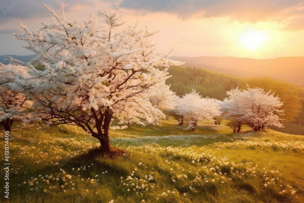 Poster white spring flowering trees on a background of a green hill, which is highlighted by the setting su
