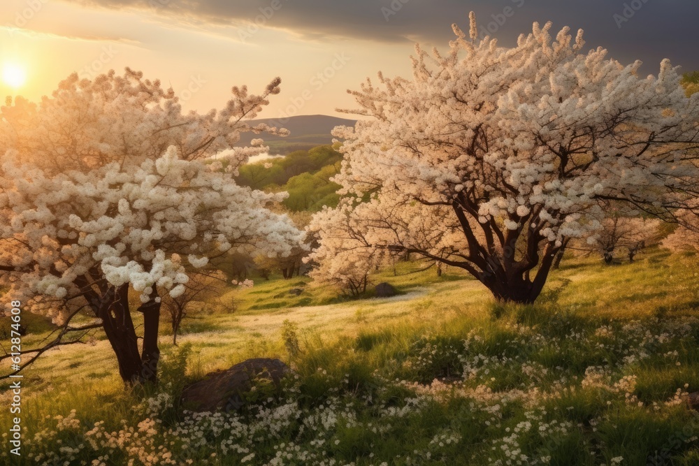Poster white spring flowering trees on a background of a green hill, which is highlighted by the setting su