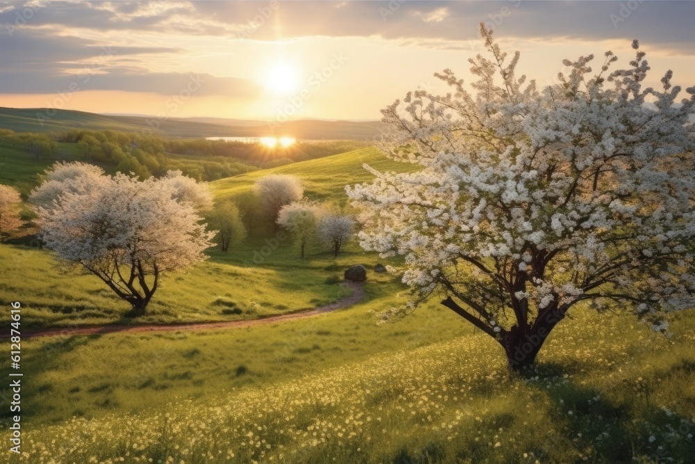 Poster white spring flowering trees on a background of a green hill, which is highlighted by the setting su